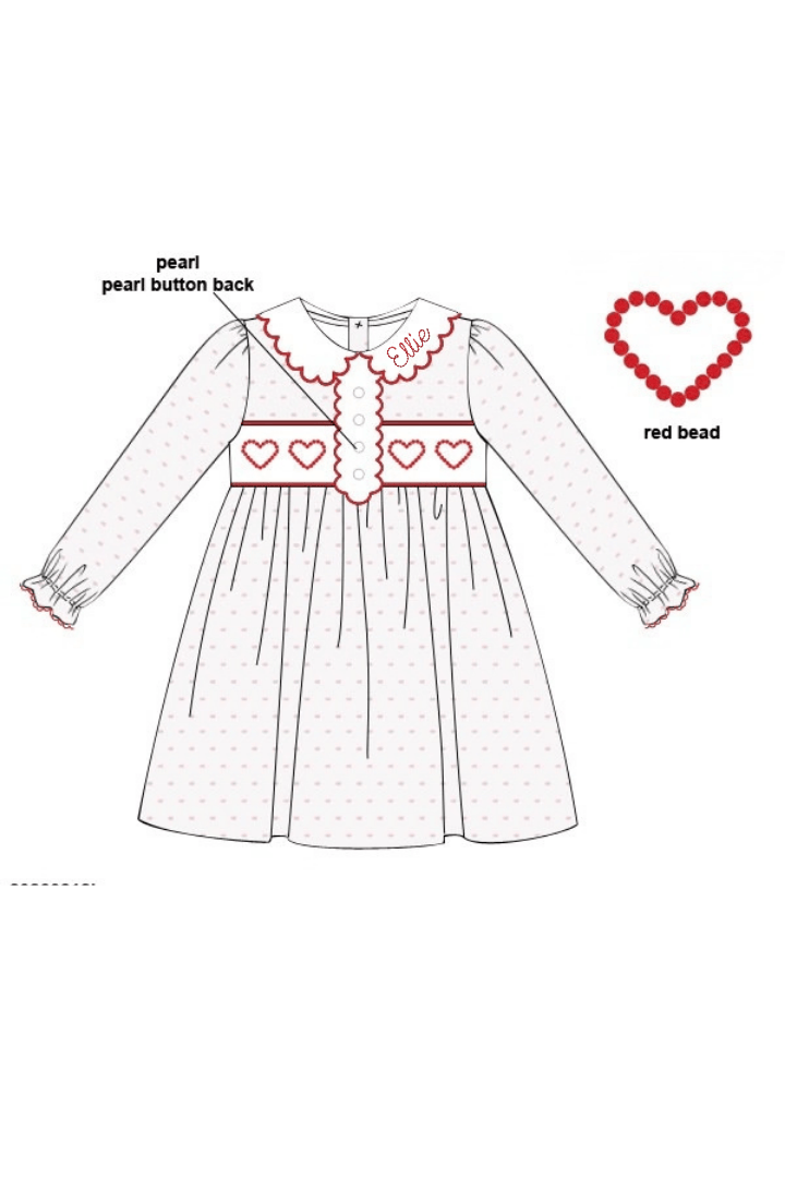 The Smocked Flamingo Apparel & Accessories Smocked Red Beaded Heart Pink Swiss Dot Pearl Dress