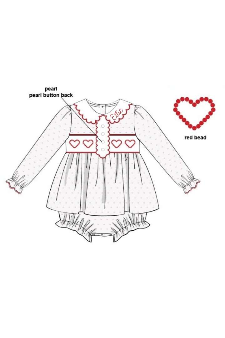 The Smocked Flamingo Apparel & Accessories Smocked Red Beaded Heart Pink Swiss Dot Pearl Skirted Bubble