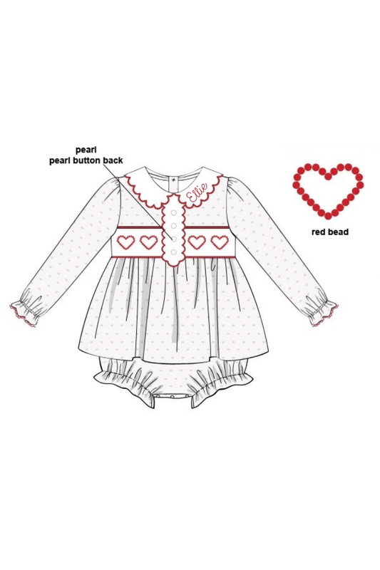 The Smocked Flamingo Apparel & Accessories Smocked Red Beaded Heart Pink Swiss Dot Pearl Skirted Bubble