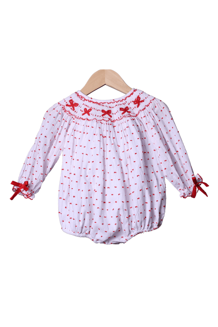 The Smocked Flamingo Apparel & Accessories Smocked Red Bow Swiss Dot Bubble