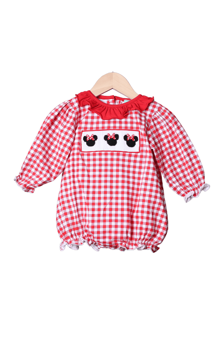 The Smocked Flamingo Apparel & Accessories Smocked Red Gingham Mouse Ruffle Bubble