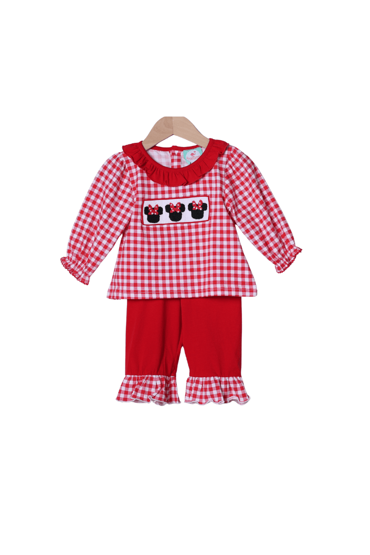 The Smocked Flamingo Apparel & Accessories Smocked Red Gingham Mouse Ruffle Long Sleeve Pant Set