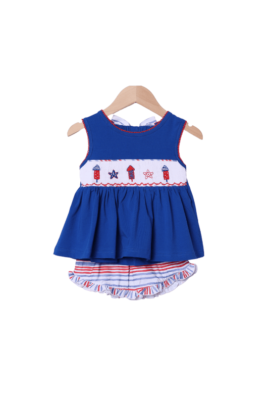 The Smocked Flamingo Apparel & Accessories Smocked Red, White and Boom Bow Short Set