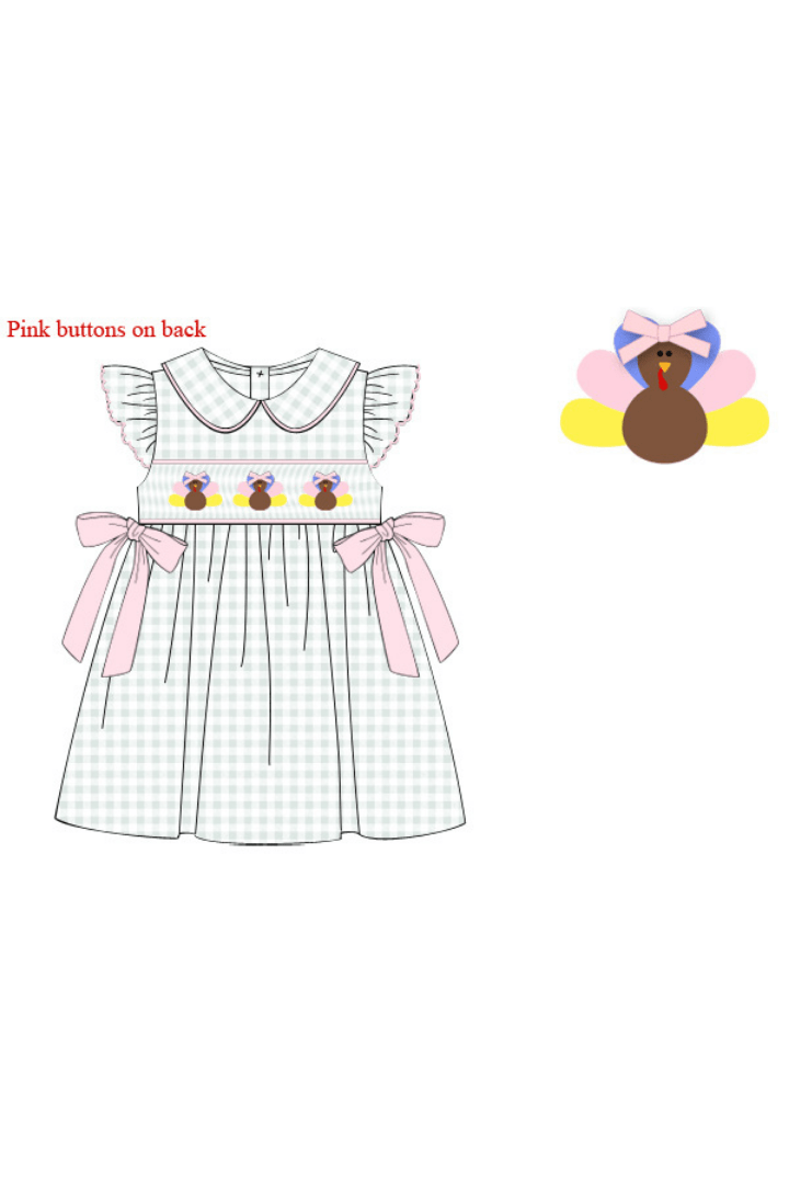 The Smocked Flamingo Apparel & Accessories Smocked Sage Gingham Turkey Dress