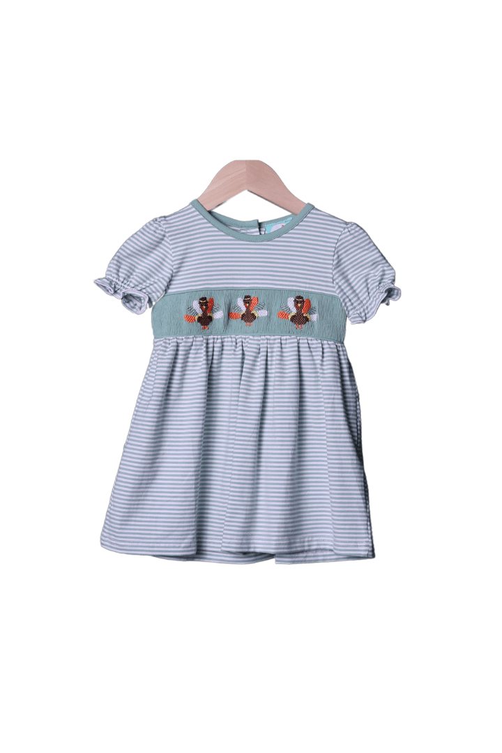 The Smocked Flamingo Apparel & Accessories Smocked Sage Stripe Tom Turkey Knit Dress