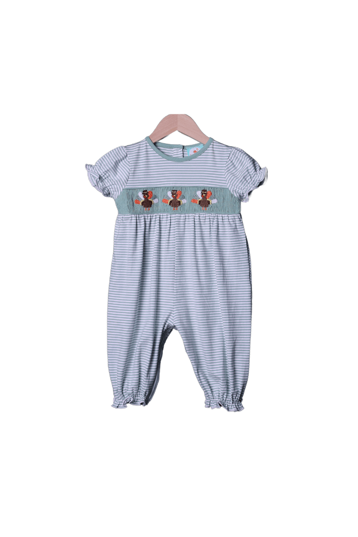 The Smocked Flamingo Apparel & Accessories Smocked Sage Stripe Tom Turkey Knit Romper-Girl