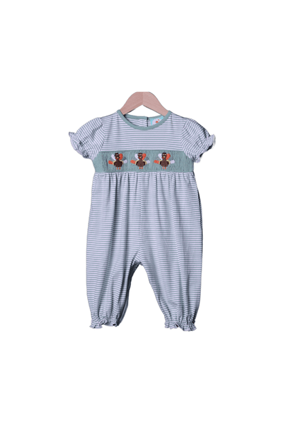 The Smocked Flamingo Apparel & Accessories Smocked Sage Stripe Tom Turkey Knit Romper-Girl