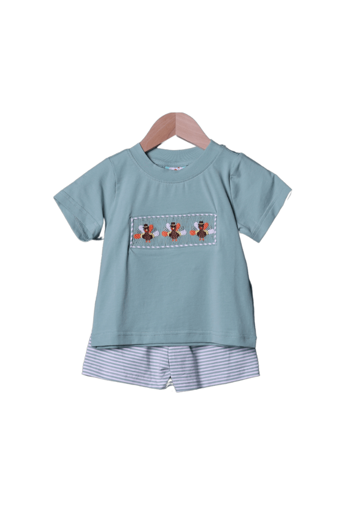 The Smocked Flamingo Apparel & Accessories Smocked Sage Stripe Tom Turkey Knit Short Set