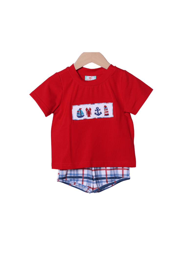 The Smocked Flamingo Apparel & Accessories Smocked Sailboat Plaid Short Set