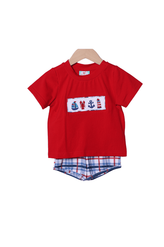The Smocked Flamingo Apparel & Accessories Smocked Sailboat Plaid Short Set