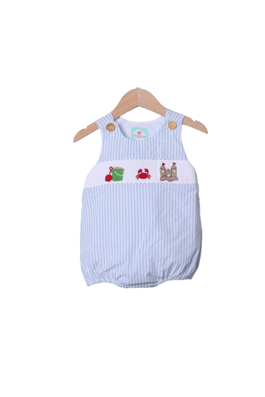The Smocked Flamingo Apparel & Accessories Smocked Sand Castle Blue Pinstripe Bubble
