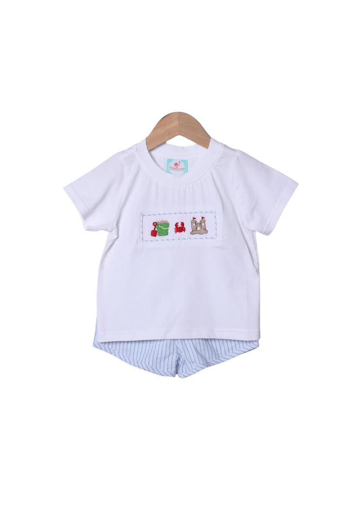 The Smocked Flamingo Apparel & Accessories Smocked Sand Castle Blue Pinstripe Short Set