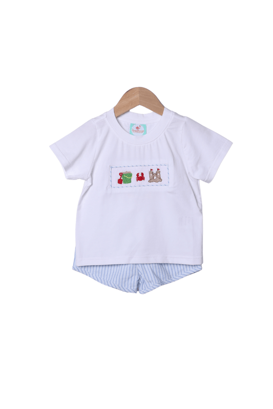 The Smocked Flamingo Apparel & Accessories Smocked Sand Castle Blue Pinstripe Short Set