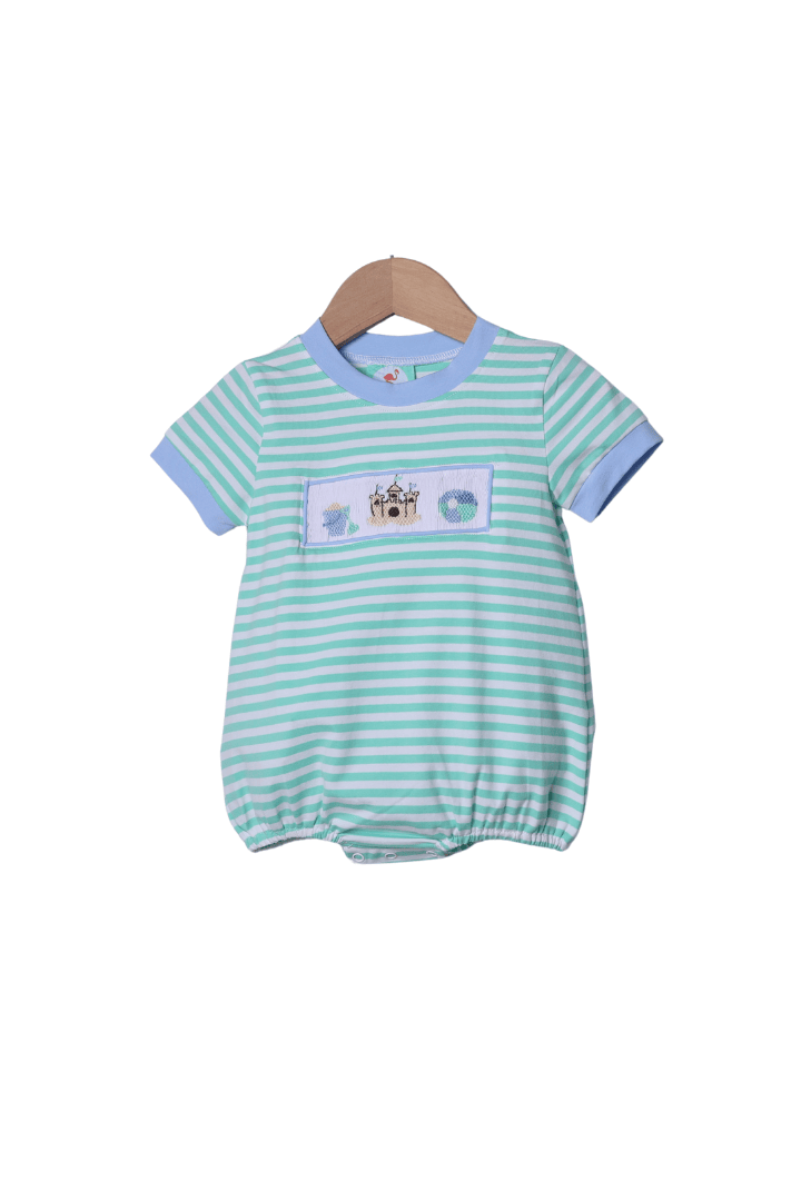 The Smocked Flamingo Apparel & Accessories Smocked Sand Castle Fun Mint/Blue Stripe Bubble