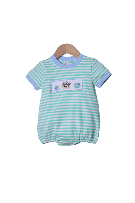 The Smocked Flamingo Apparel & Accessories Smocked Sand Castle Fun Mint/Blue Stripe Bubble