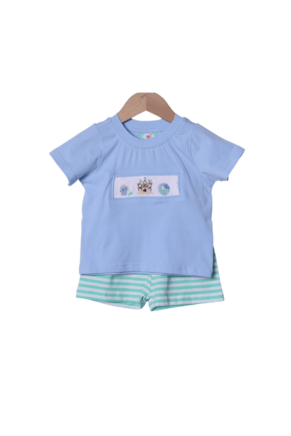 The Smocked Flamingo Apparel & Accessories Smocked Sand Castle Fun Mint/Blue Stripe Short Set