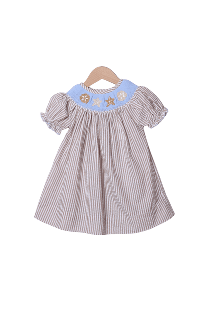 The Smocked Flamingo Apparel & Accessories Smocked Sand Dollar Blue/Khaki Seersucker Dress