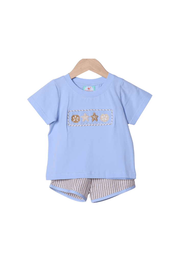 The Smocked Flamingo Apparel & Accessories Smocked Sand Dollar Blue/Khaki Seersucker Short Set