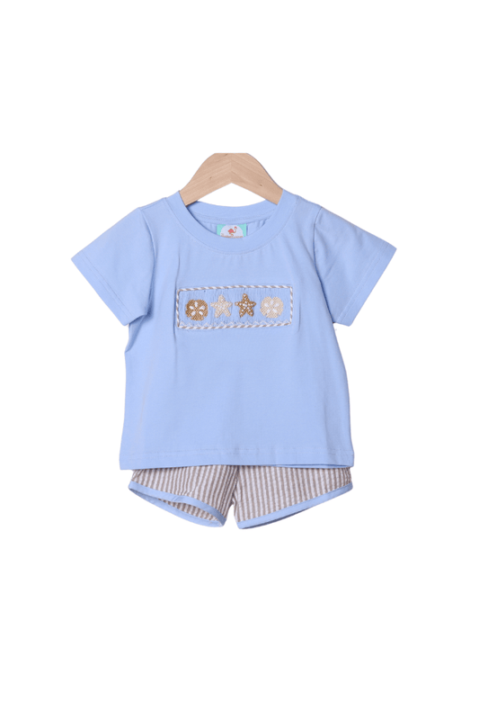 The Smocked Flamingo Apparel & Accessories Smocked Sand Dollar Blue/Khaki Seersucker Short Set
