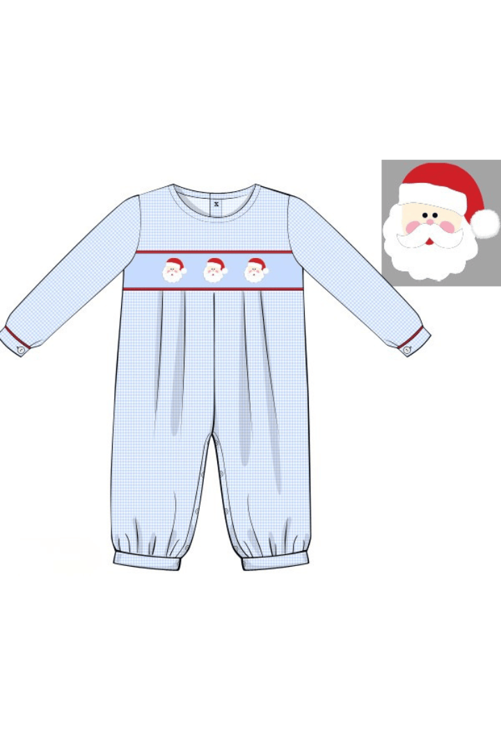 The Smocked Flamingo Apparel & Accessories Smocked Santa Blue Gingham Romper