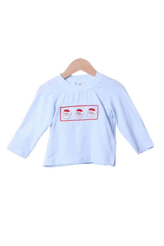 The Smocked Flamingo Apparel & Accessories Smocked Santa Blue Long Sleeve Shirt