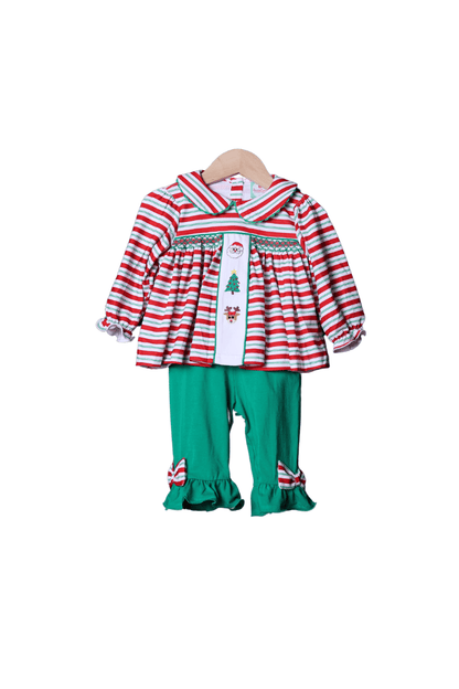 The Smocked Flamingo Apparel & Accessories Smocked Santa Friends Stripe Pant Set