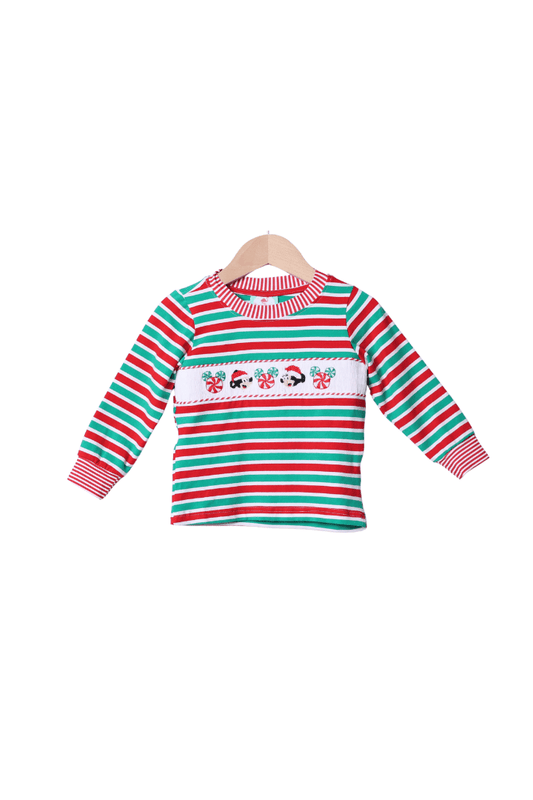 The Smocked Flamingo Apparel & Accessories Smocked Santa Mouse Red/Green Stripe Shirt