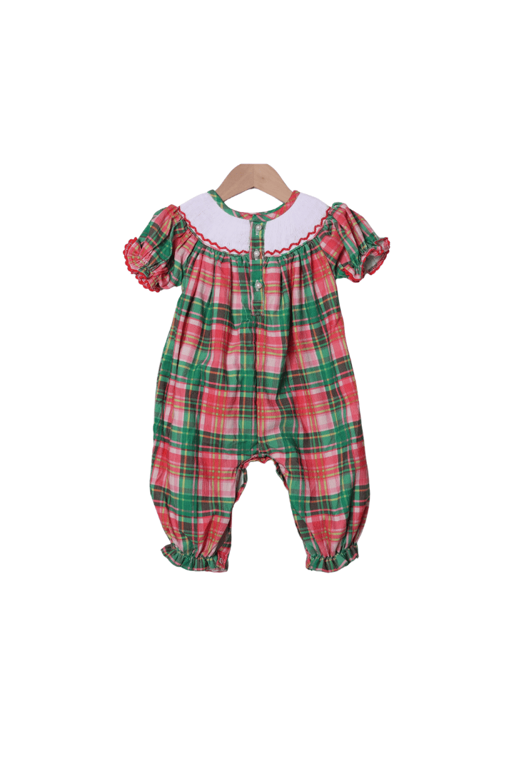 The Smocked Flamingo Apparel & Accessories Smocked Santa Pink Holiday Plaid Corduroy Romper