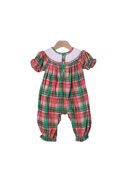 The Smocked Flamingo Apparel & Accessories Smocked Santa Pink Holiday Plaid Corduroy Romper