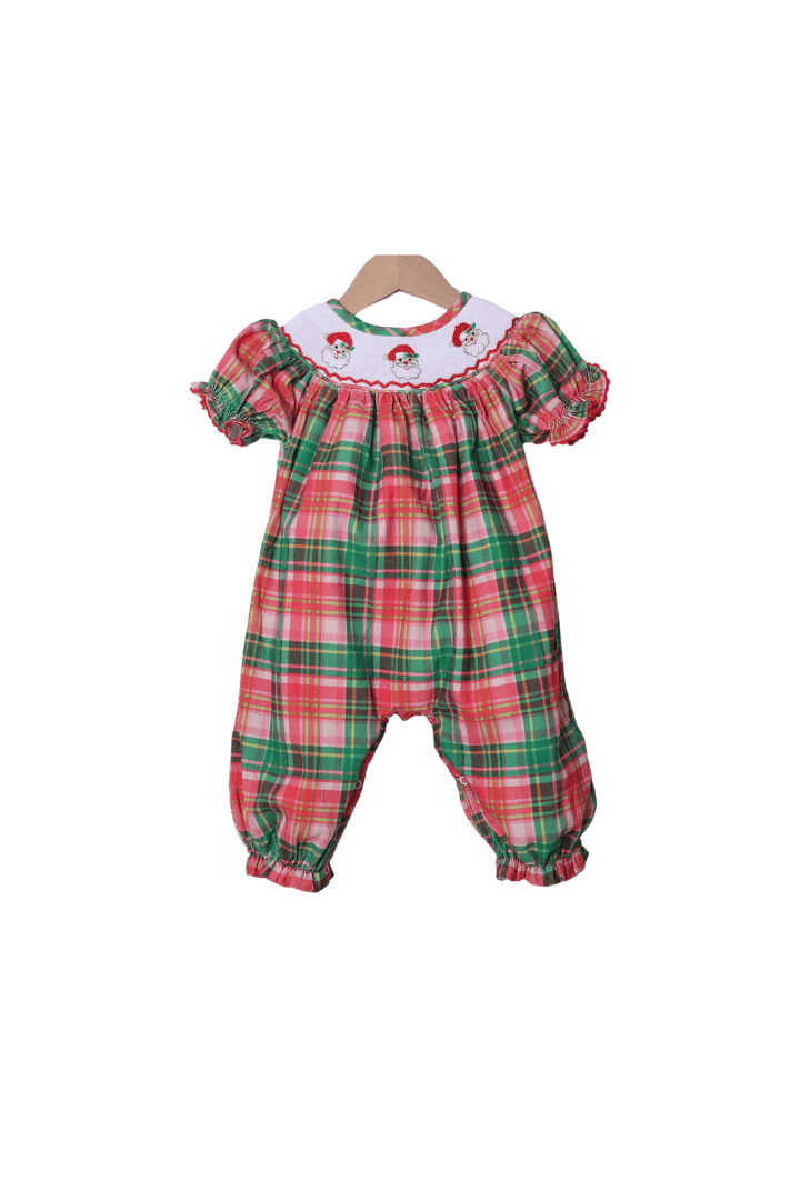 The Smocked Flamingo Apparel & Accessories Smocked Santa Pink Holiday Plaid Corduroy Romper