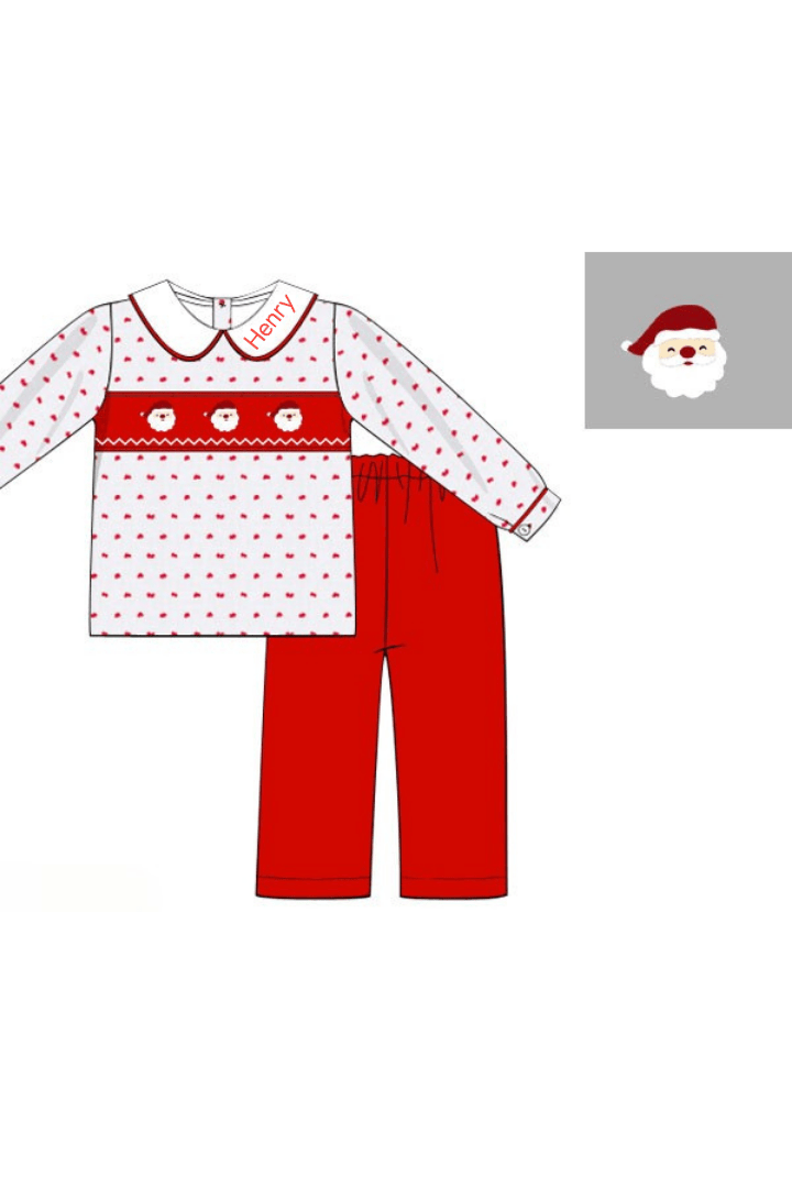 The Smocked Flamingo Apparel & Accessories Smocked Santa Red Swiss Dot Corduroy Pant Set