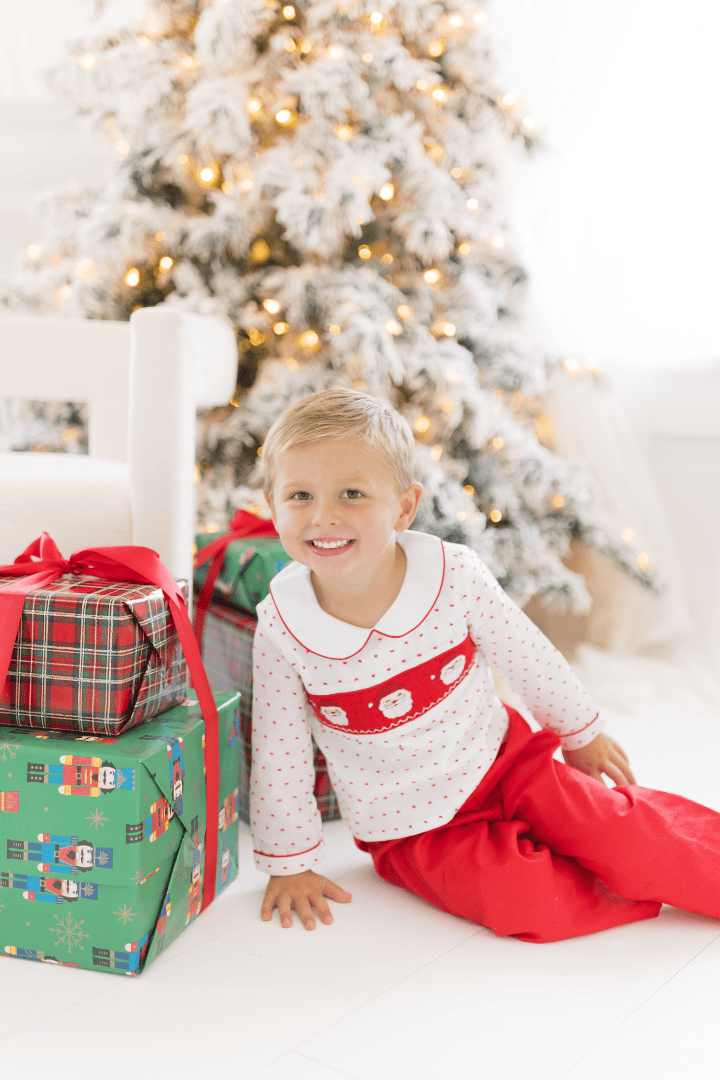The Smocked Flamingo Apparel & Accessories Smocked Santa Red Swiss Dot Corduroy Pant Set
