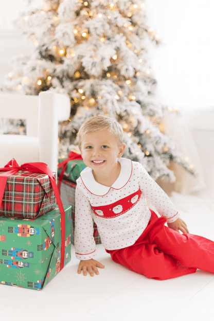 The Smocked Flamingo Apparel & Accessories Smocked Santa Red Swiss Dot Corduroy Pant Set