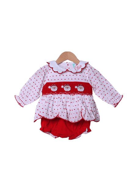 The Smocked Flamingo Apparel & Accessories Smocked Santa Red Swiss Dot Scalloped Bloomer Set