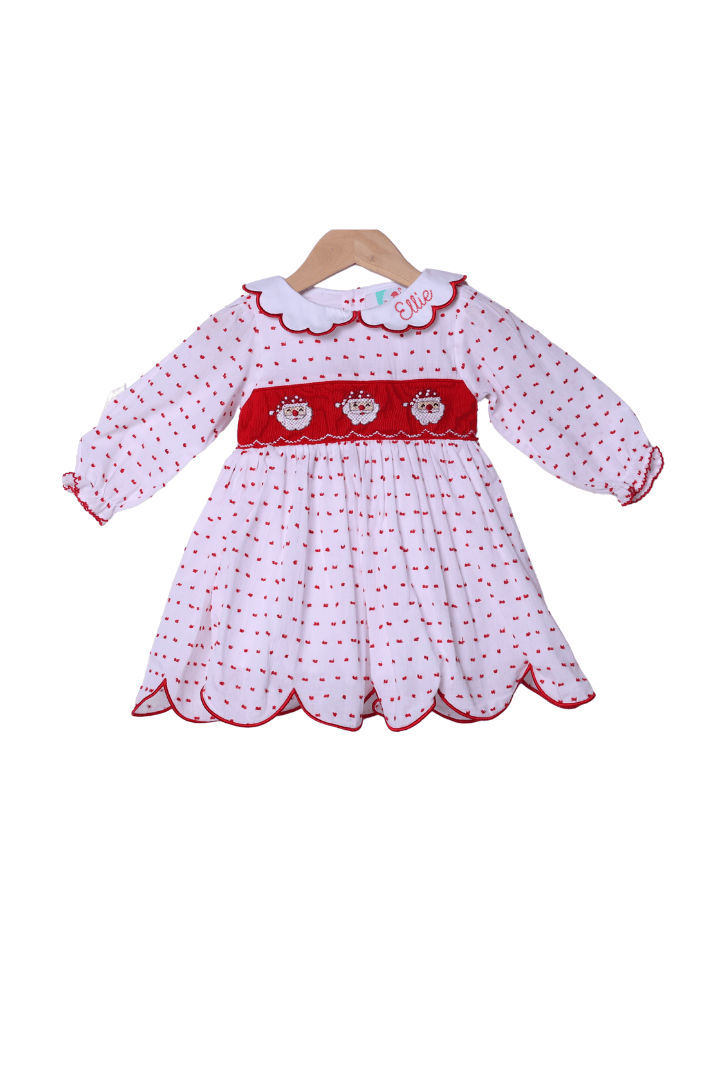 The Smocked Flamingo Apparel & Accessories Smocked Santa Red Swiss Dot Scalloped Dress