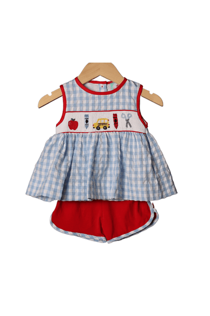 The Smocked Flamingo Apparel & Accessories Smocked School Bus Blue Gingham Short Set