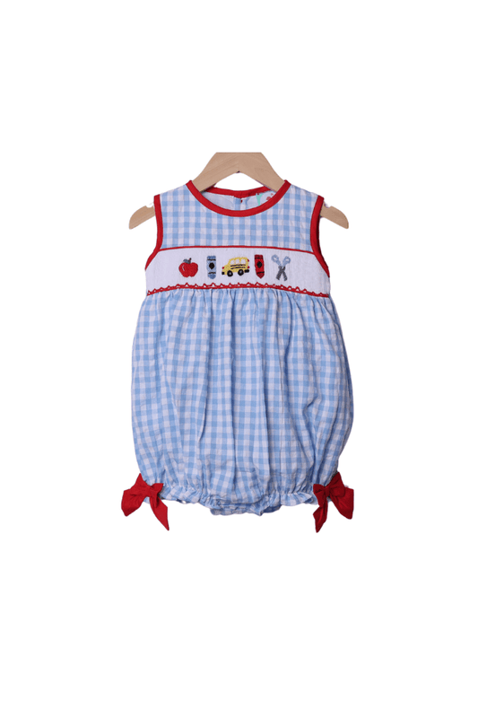 The Smocked Flamingo Apparel & Accessories Smocked School Bus Red/Blue Gingham Seersucker Bow Bubble