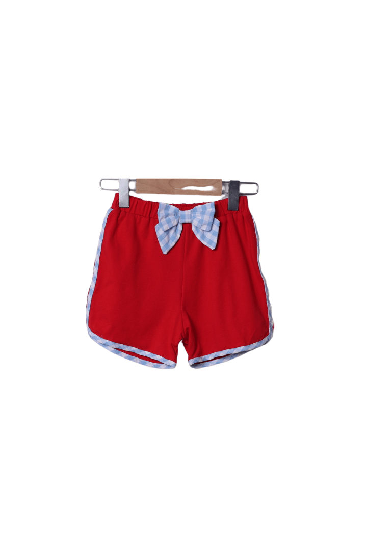 The Smocked Flamingo Apparel & Accessories Smocked School Bus Red/Blue Gingham Seersucker Bow Short Set