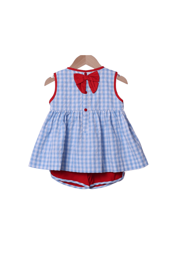 The Smocked Flamingo Apparel & Accessories Smocked School Bus Red/Blue Gingham Seersucker Bow Short Set