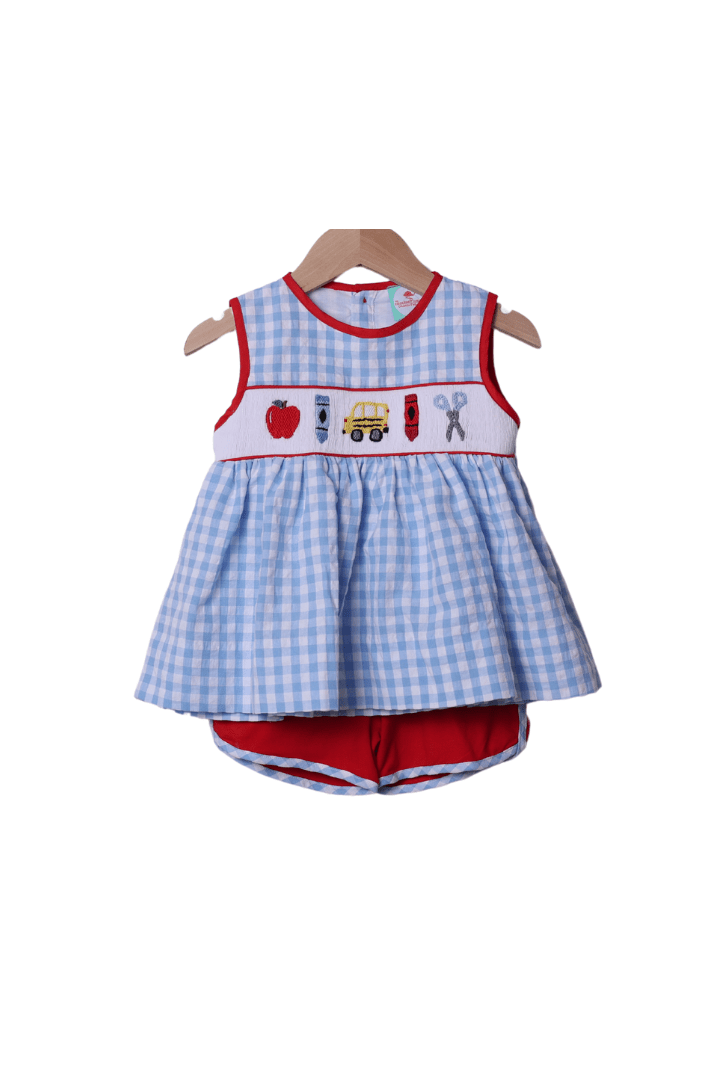 The Smocked Flamingo Apparel & Accessories Smocked School Bus Red/Blue Gingham Seersucker Bow Short Set