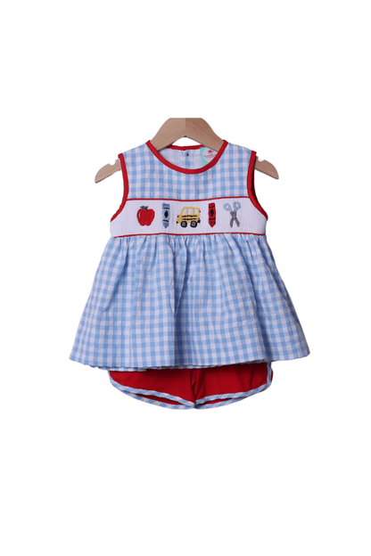 The Smocked Flamingo Apparel & Accessories Smocked School Bus Red/Blue Gingham Seersucker Bow Short Set
