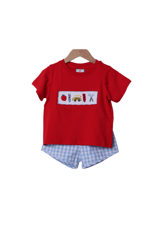 The Smocked Flamingo Apparel & Accessories Smocked School Bus Red/Blue Gingham Seersucker Short Set
