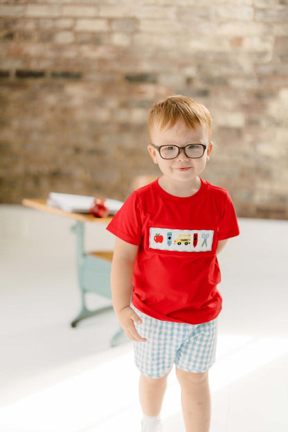 The Smocked Flamingo Apparel & Accessories Smocked School Bus Red/Blue Gingham Seersucker Short Set