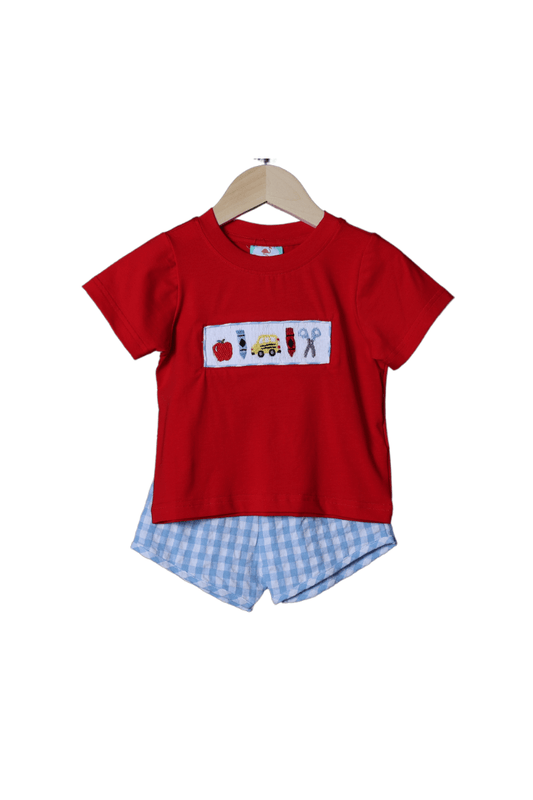 The Smocked Flamingo Apparel & Accessories Smocked School Bus Red Short Set