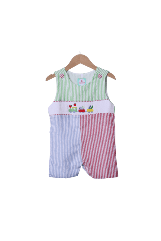 The Smocked Flamingo Apparel & Accessories Smocked School Train Color Block Seersucker Jon Jon