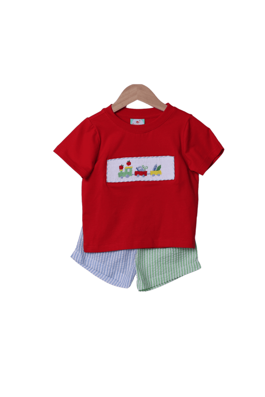 The Smocked Flamingo Apparel & Accessories Smocked School Train Color Block Seersucker Short Set