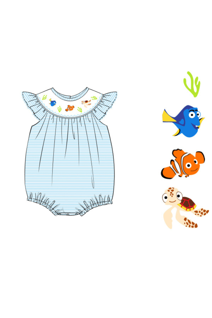 The Smocked Flamingo Apparel & Accessories Smocked Sea and Friends Blue Stripe Bubble