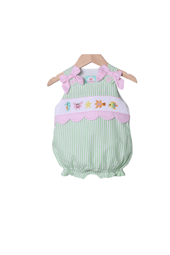 The Smocked Flamingo Apparel & Accessories Smocked Sea Creatures Green Seersucker Bubble
