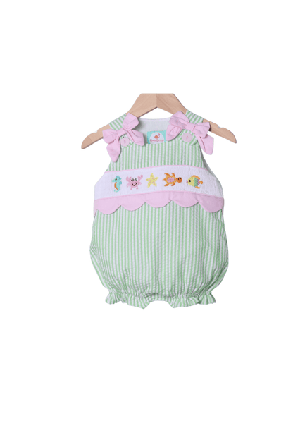 The Smocked Flamingo Apparel & Accessories Smocked Sea Creatures Green Seersucker Bubble