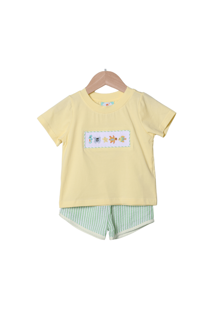 The Smocked Flamingo Apparel & Accessories Smocked Sea Creatures Green Seersucker Short Set